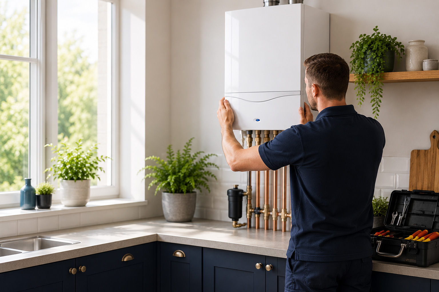 Servicing the boiler in a modern kitchen